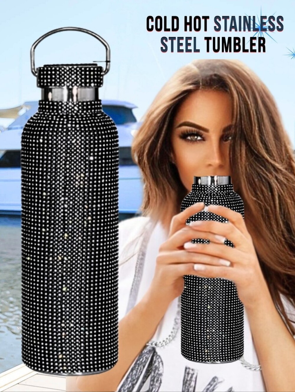 Black Bling Rhinestone Hogg Stainless Steel Crossbody Tumbler 17oz